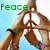 Green pixelated text 'Peace' appears above two hands forming a peace sign against a light blue background.