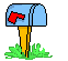 Blue mailbox with red flag, yellow post, green grass base; white envelope appears in mailbox, then red hearts emerge and multiply around it.