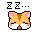 Pixel art of a hamster-like character with orange fur, pink inner ears, and white cheeks in two poses against gray background.