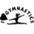 Black-and-white icon showing a gymnast in mid-pose beneath arched text reading "GYMNASTICS" with a small tree symbol on the left.