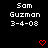 Pixelated text displays 'Sam Guzman 3-4-08' with red heart symbols on a black background, arranged in a pattern with a gray corner element