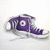 Purple high-top sneaker with white laces and sole, viewed from side on light background.