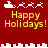 Red background with yellow "Happy Holidays!" text and white pixelated reindeer sleighs in two , showing animation changes between frames