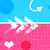 Pixelated icon with blue top section featuring large blue circles and white curved lines with small hearts, pink bottom section with white arrow-like shapes, white hearts, and red circles.