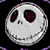 Pixelated static icon of a stylized skull with large dark eyes and stitched mouth on gray background, surrounded by small colored pixels.