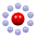 Red sphere surrounded by light blue spheres arranged in circular patterns on gray background, with varying numbers of surrounding spheres across frames.