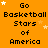 Orange background with repeated text "Go Basketball Stars of America" in black pixelated font, scattered white and light orange stars.