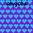 Pixelated pattern of cyan hearts on purple background with repeated text "AmyC84" in black pixel font at top and bottom.