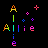 Two side-by-side animated frames of a pixelated rainbow-colored text-based icon featuring the name 'Allie' with decorative plus signs and dots on black background.