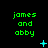 Green text 'james and abby' repeated across a black background with cyan pixel animations in three of three