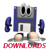 Animated blue floppy disk character with large eyes and blue hands, standing on two beige rounded feet, with red 'DOWNLOADS' text below.