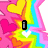 Pixelated rainbow star with pink hearts on a white background, featuring text overlays that change between frames.