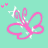Pink butterfly outline with white sparkles on teal background, two small pink hearts in top-left corner.