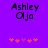 Purple background with pixelated text 'Ashley Oja' and five pink heart icons, where the third heart changes from purple to red between frames.