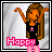 Pixelated character with long brown hair in black top and pink shorts, arms raised, standing on gray background with 'Happy' text below.