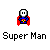 Pixelated Super Man icon with red cape and blue torso, transitioning from full figure to heart-shaped emblem on gray background.