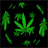Animated sequence of green cannabis leaf icons on black background with scattered smaller leaves and abstract shapes.