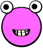 Four pink circular faces with white eyes and black pupils arranged in a , each displaying distinct toothed grins against a gray background