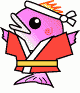 Animated cartoon fish mascot in traditional red robe with yellow sash, white headband, and orange flame-like hair, shown across five frames with varying expressions and tail positions.