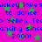 Pixelated text on a bright pink background with green stars, repeating phrases about Mickey Mouse dancing since 2000.