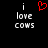 Black background with white pixelated text 'i love cows' and a red pixelated heart symbol above the text.