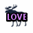 Pixelated dark blue moose with gray legs and antlers, four variations show text overlays changing from LOVE to THE to MOOSE while one remains textless.