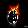 Pixelated black bomb icon with white outline and cartoon face, red-yellow explosion at top against dark background.