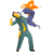 Animated sequence of a character in teal and yellow attire performing actions with a purple-cloaked figure and orange star-shaped object.