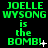 Green pixelated text on black background reads 'JOELLE WYSONG is the BOMB!' with small white plus and dot symbols appearing and disappearing in different positions