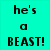 Pixelated image with cyan background showing text 'he's a BEAST!' and a person wearing a dark shirt with 'BEAST' text.