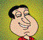 Pixelated cartoon character with exaggerated facial features, dark hair, and a red shirt against a green pixelated background.