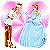 Two pixelated figures in a dance pose, one in a white top and brown pants, the other in a light blue gown, against a pink gradient background.