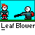Pixel art character with red hair accessory and teal top alternates between standing still and holding a black leaf blower, with visible motion lines on the right side.