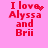Red pixelated text on pink background reads "I love Alyssa and Brii" with heart symbol replacing 'love' in first frame, then heart dissolving into dots across subsequent frames.
