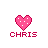 Two pink pixelated hearts with white dots above red text reading 'CHRIS' on a gray background, differing in dot placement and heart outline.
