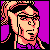 Pixelated 50x50 static icon featuring a stylized character with peach skin, black hair tied in a ponytail, and pinkish-red facial features against a solid purple background.