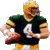 Pixelated football player in green and yellow uniform holding a brown football, next to large stylized 'G' logo on dark background.