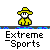Animated contact sheet of a yellow stick figure character with white face and black eyes wearing a large yellow hat, performing various poses across 13 frames with "Extreme Sports" text below each frame on gray background.