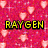 Pixelated image with pink heart background, yellow text 'RAYGEN', black text 'LITTLE MISS GOOGLES', and blue character with red accents.