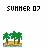 Pixelated summer scene with palm trees on sandy ground and water, labeled 'SUNNER 07' text above each instance.