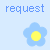 Pixelated flower icons with yellow centers appear beneath 'request' text in blue, pink, and purple on light blue background; one section is grayed out.