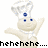 Pixelated character with white chef's hat, blue eyes and nose, beige body, arms raised in a gesture, black text below reads 'hehehehe....'