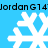 Blue background with white snowflake icons and repeated black text reading "Jordan G14" at top and bottom.