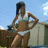 Pixelated image of a person in swimwear posing with one hand on hip against blue sky background.