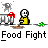 Animated contact sheet of a pixel art food fight scene with stick figures, showing sequential frames of red splatters and character movements against gray background.