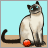 Pixelated Siamese cat with dark brown face and ears, light beige body, blue eyes, sitting upright on a tan surface against a light cyan background.