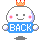 Pixelated character with white rounded head, pink cheeks, orange crown, blue banner reading BACK, and gray shadow on gray background.