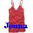 A pixelated static image shows a figure in a red sleeveless dress with thin straps, standing against a light background with blue text below.