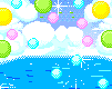 Animated pixel art contact sheet showing a penguin mascot with red scarf in various states of text overlay and partial visibility against a bubble-filled background.