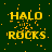 Yellow pixelated text "HALO ROCKS" on dark green background with scattered orange pixels, showing animation progression across frames.